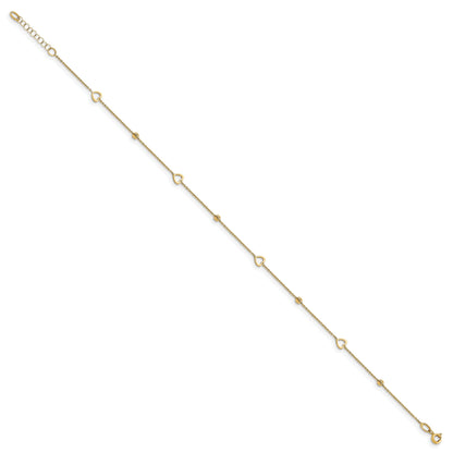 14K Yellow Gold Polished And D/C Heart W/1In Ext. Anklet