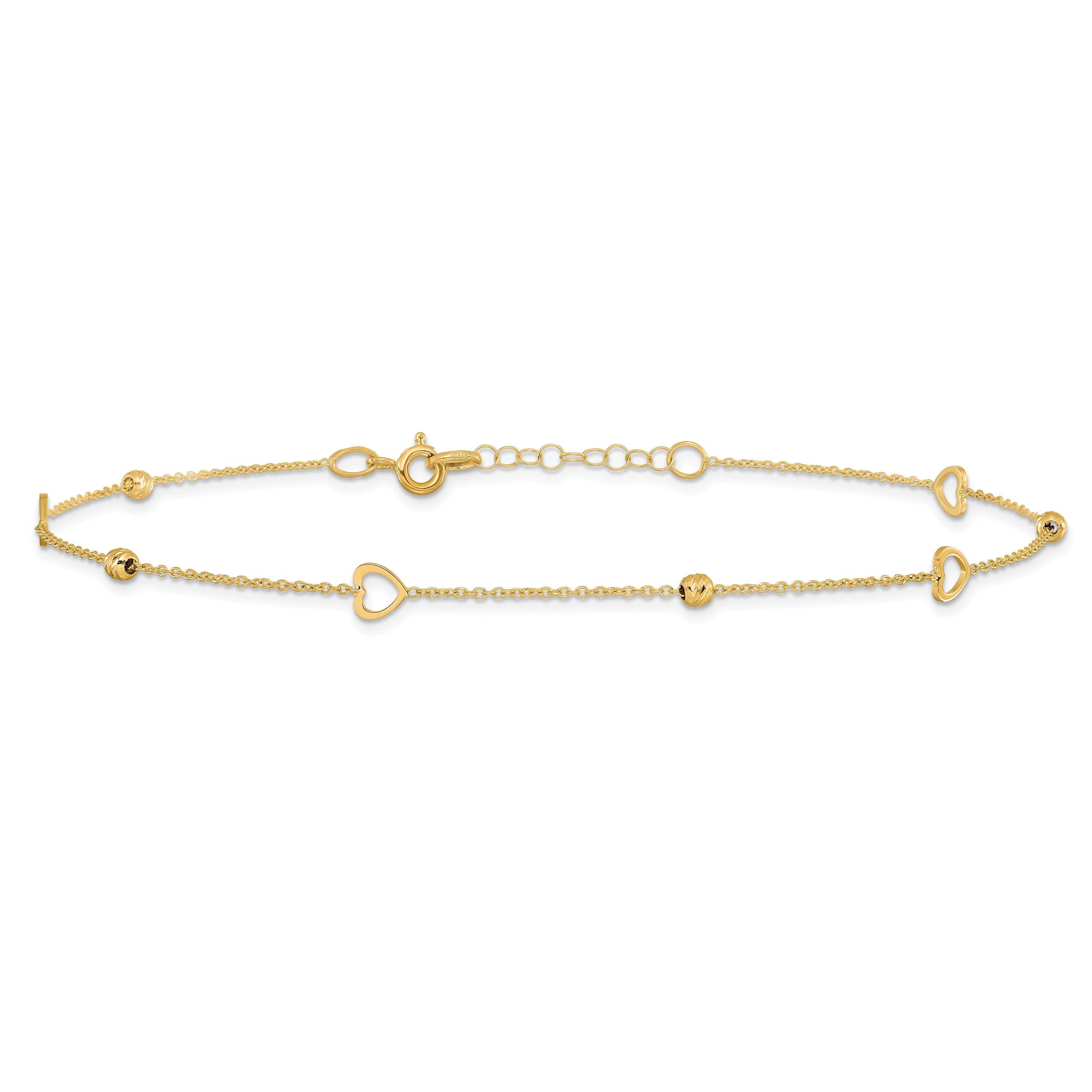 14K Yellow Gold Polished And D/C Heart W/1In Ext. Anklet