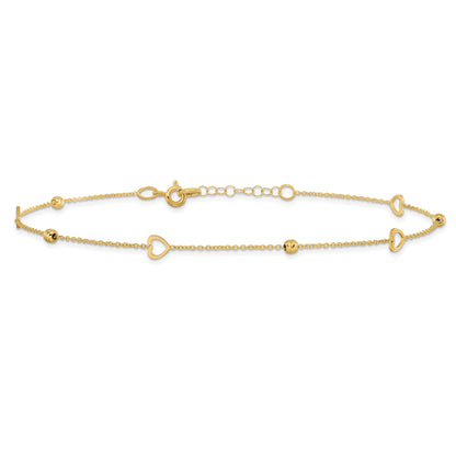 14K Yellow Gold Polished And D/C Heart W/1In Ext. Anklet