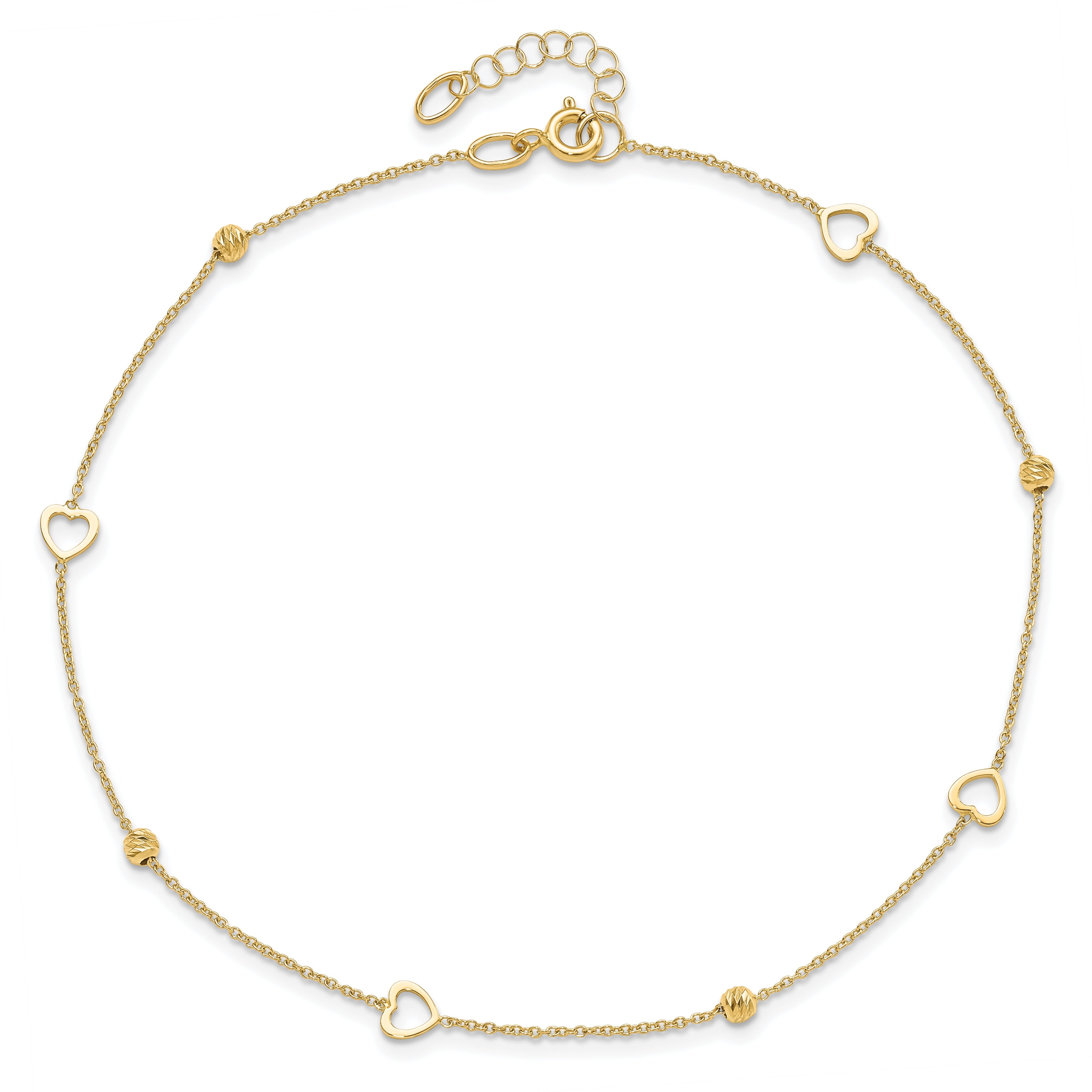 14K Yellow Gold Polished And D/C Heart W/1In Ext. Anklet