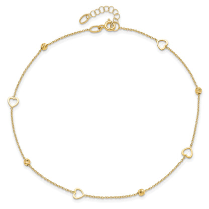 14K Yellow Gold Polished And D/C Heart W/1In Ext. Anklet