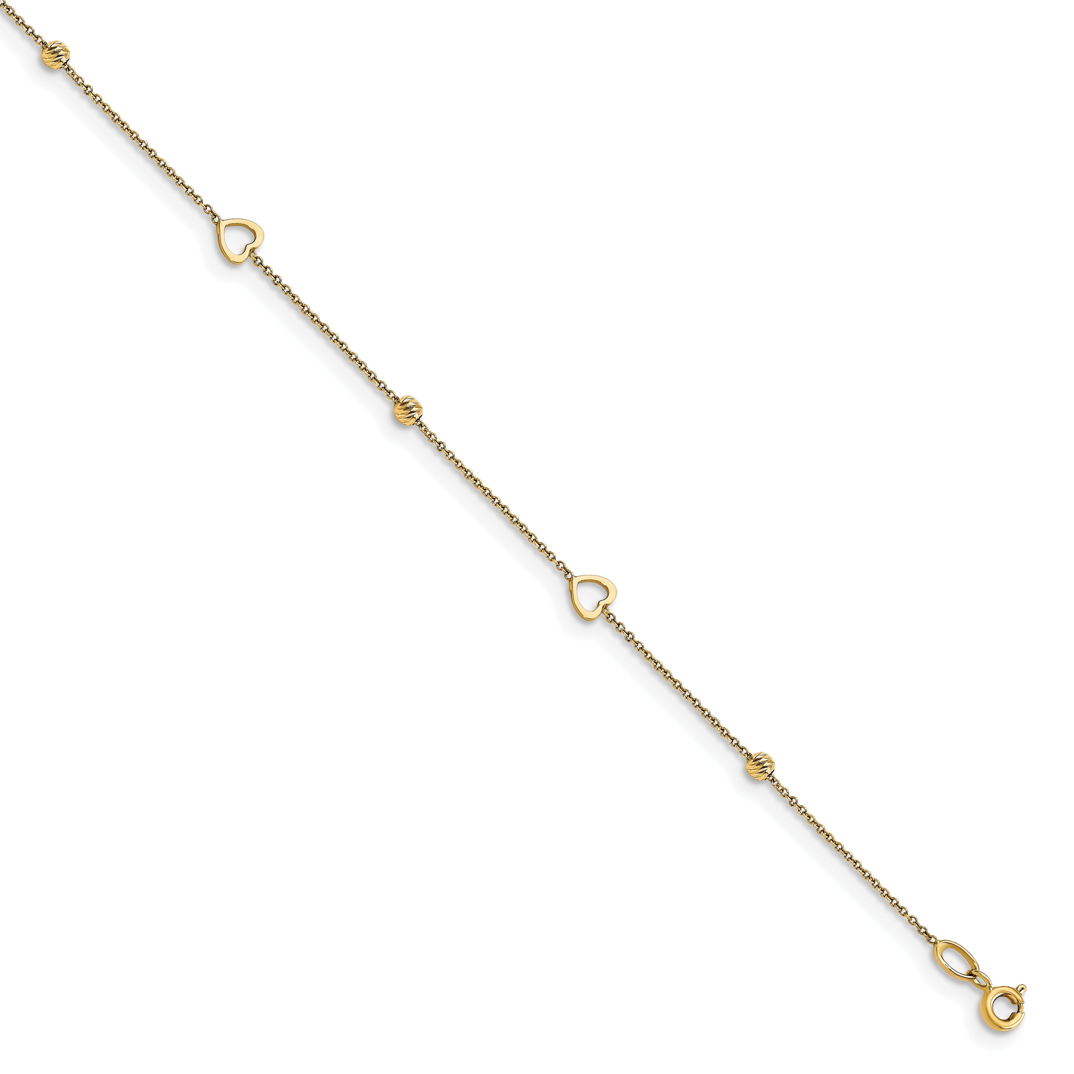 14K Yellow Gold Polished And D/C Heart W/1In Ext. Anklet