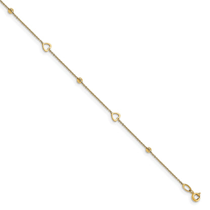 14K Yellow Gold Polished And D/C Heart W/1In Ext. Anklet