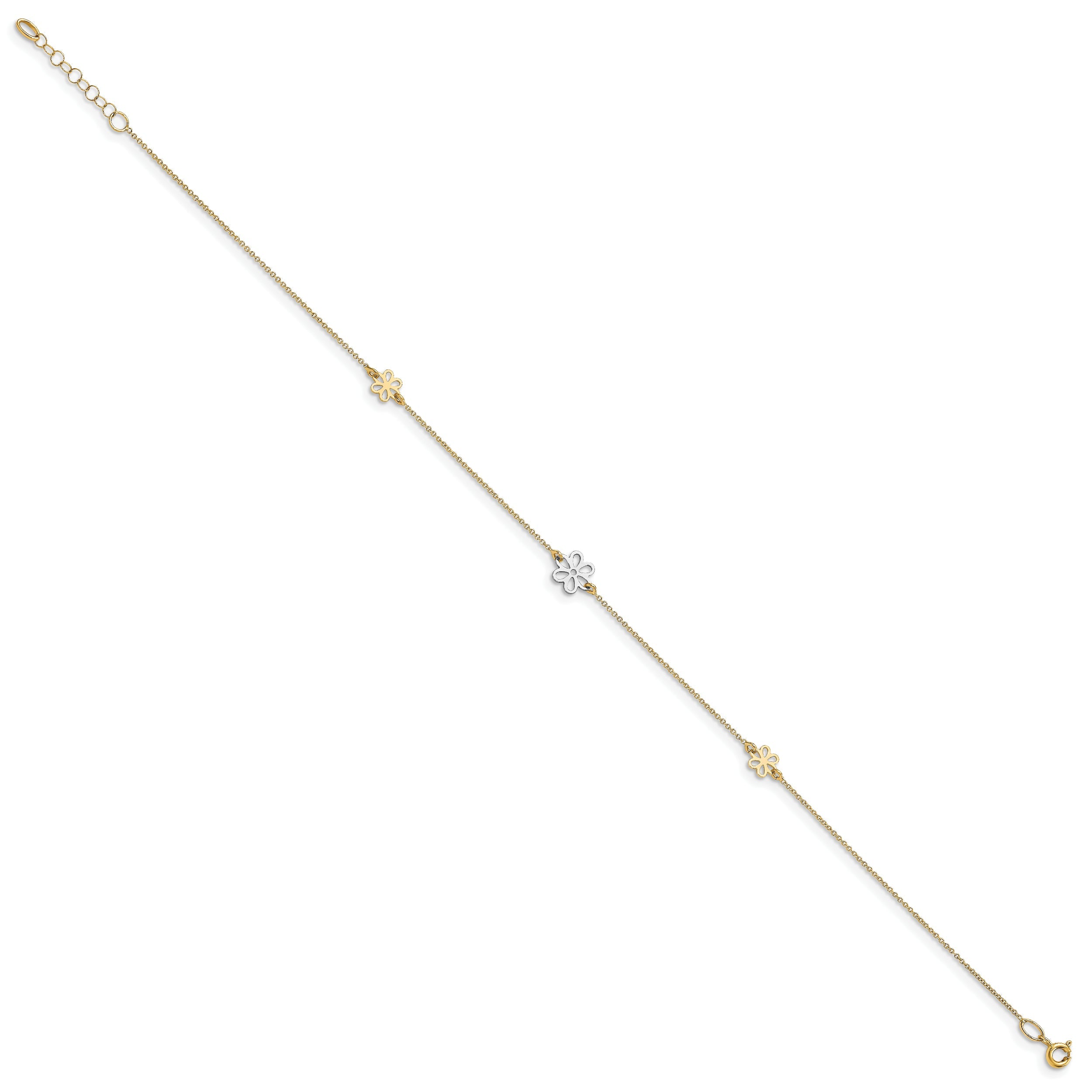 14K Two-Tone Polished Flower With 1In Ext. Anklet