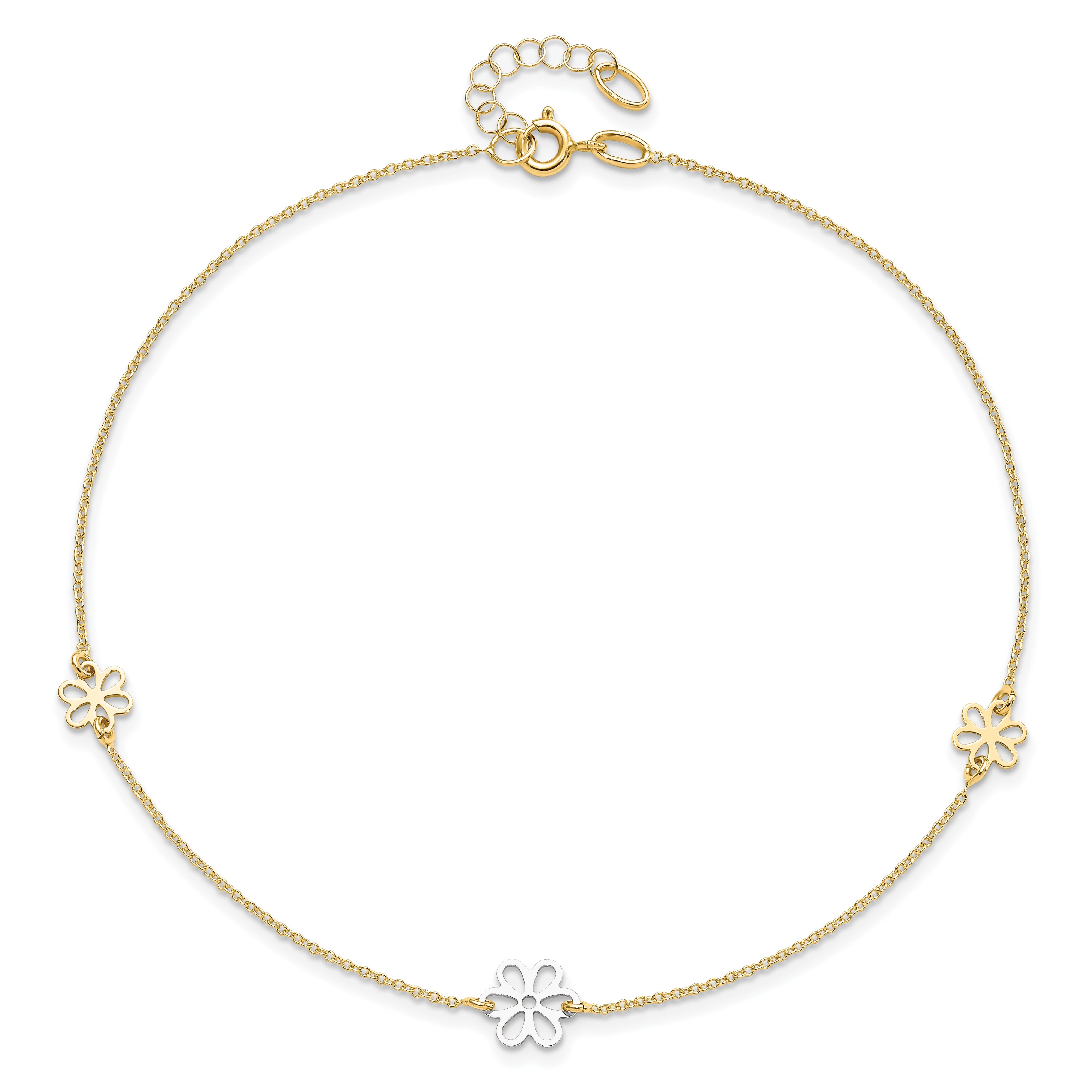 14K Two-Tone Polished Flower With 1In Ext. Anklet