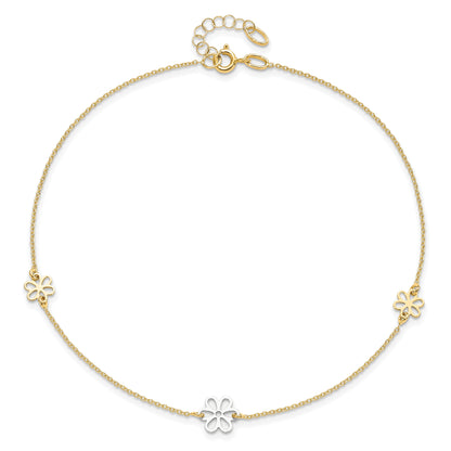 14K Two-Tone Polished Flower With 1In Ext. Anklet