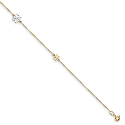 14K Two-Tone Polished Flower With 1In Ext. Anklet