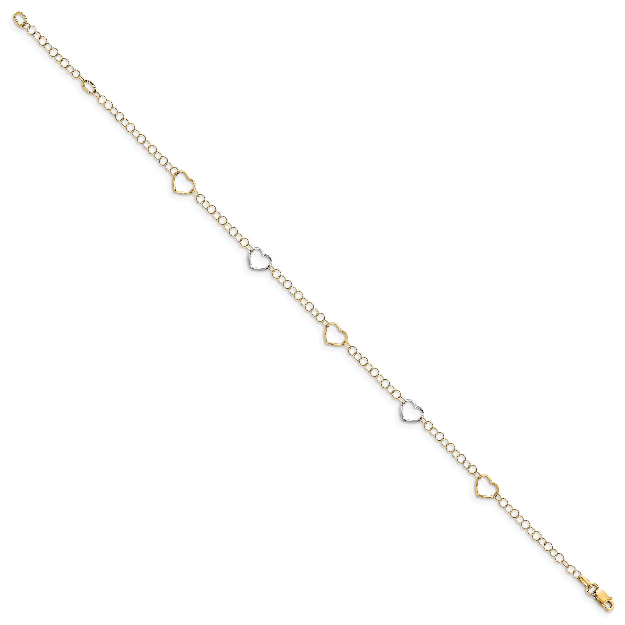 14K Two-Tone Polished Heart With 1In Ext. Anklet