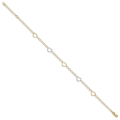 14K Two-Tone Polished Heart With 1In Ext. Anklet
