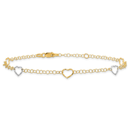 14K Two-Tone Polished Heart With 1In Ext. Anklet