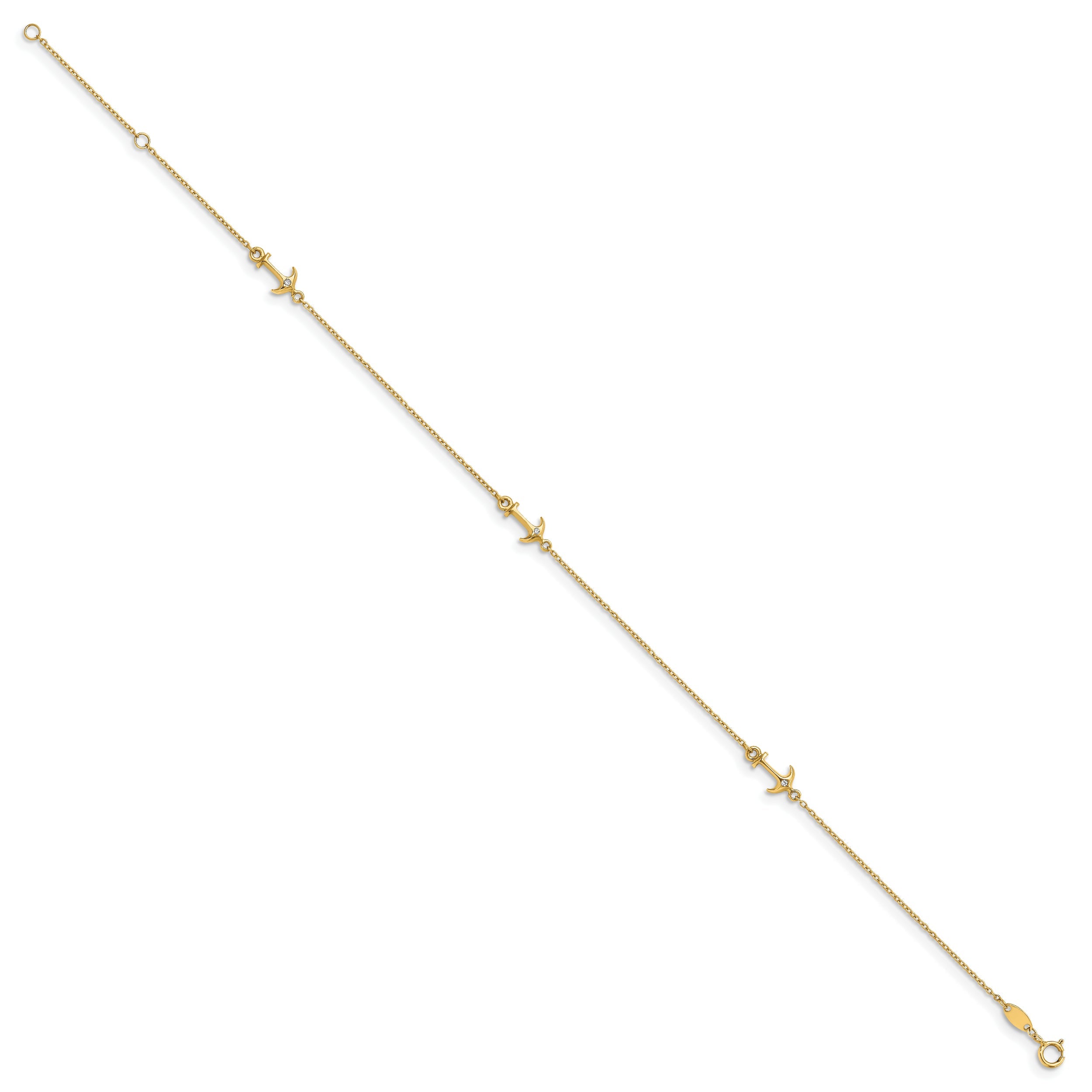 14K Yellow Gold Cz Polished Anchor With 1In Ext. Anklet