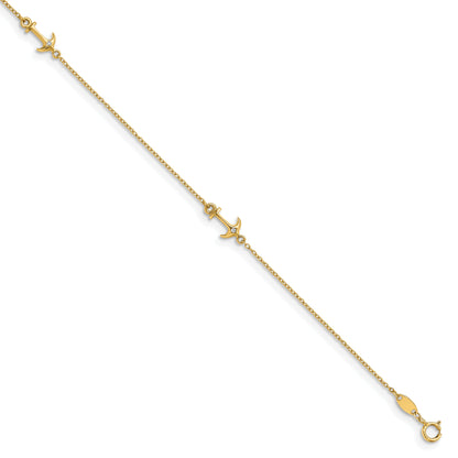 14K Yellow Gold Cz Polished Anchor With 1In Ext. Anklet