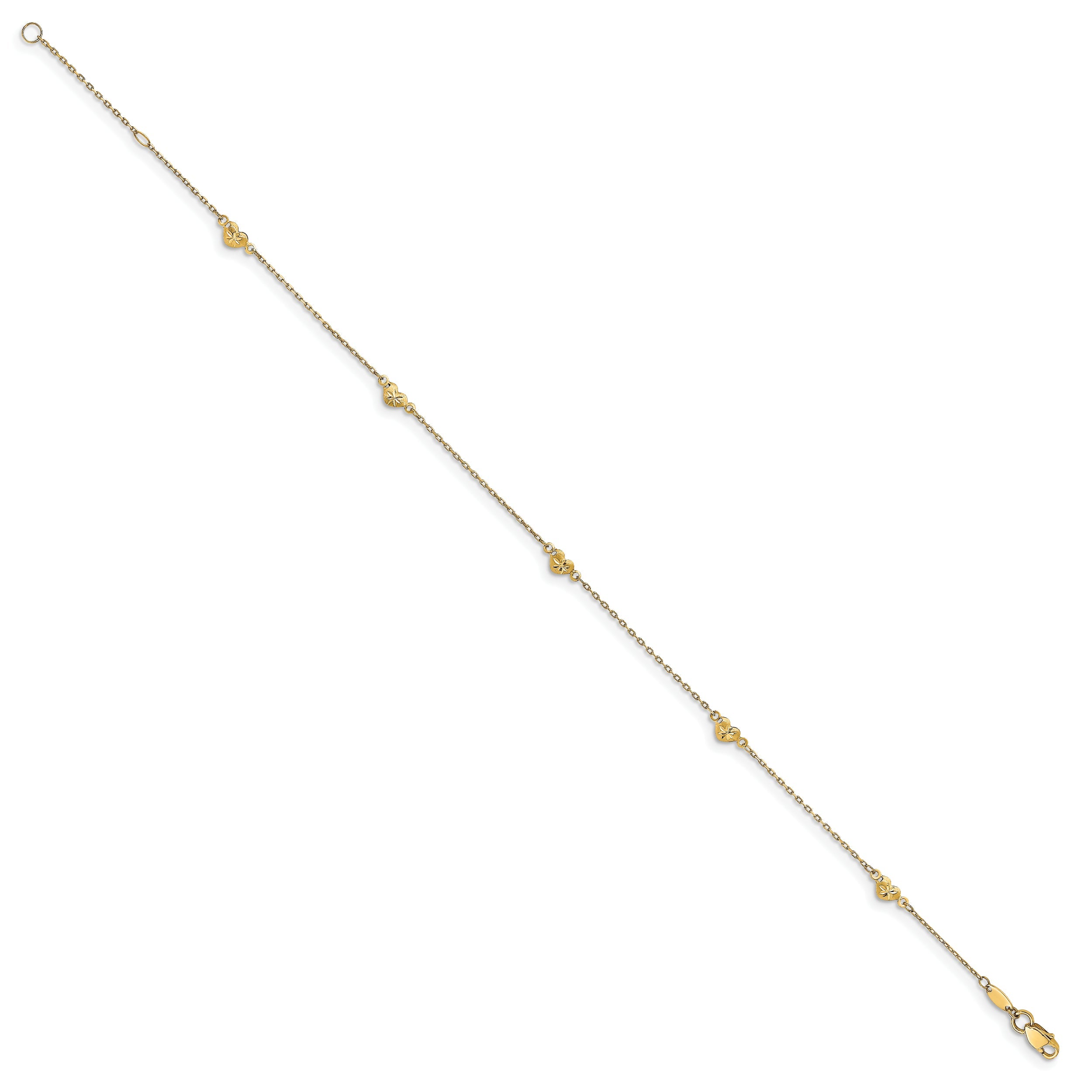 14K Yellow Gold Polished And D/C Heart With 1In Ext. Anklet