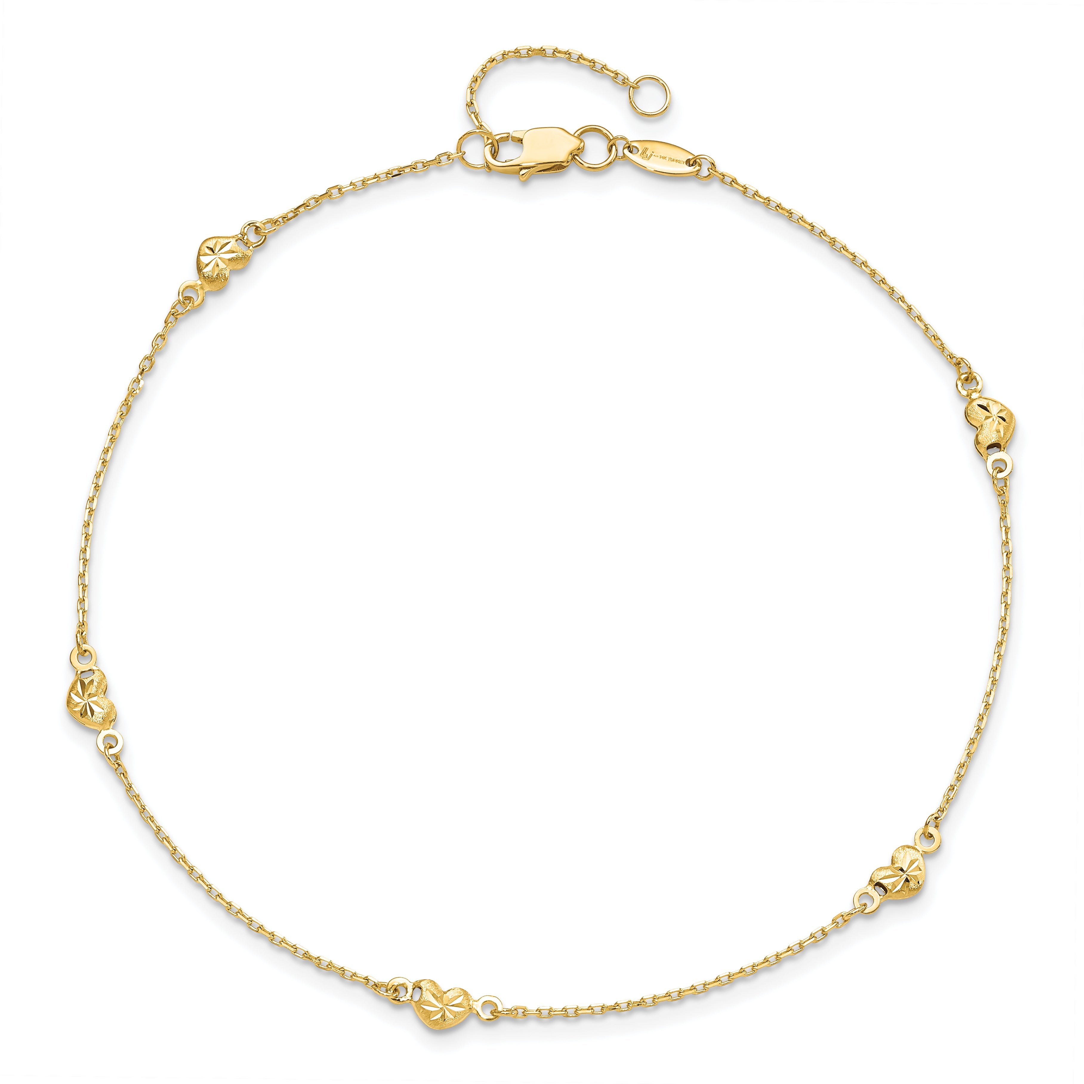 14K Yellow Gold Polished And D/C Heart With 1In Ext. Anklet