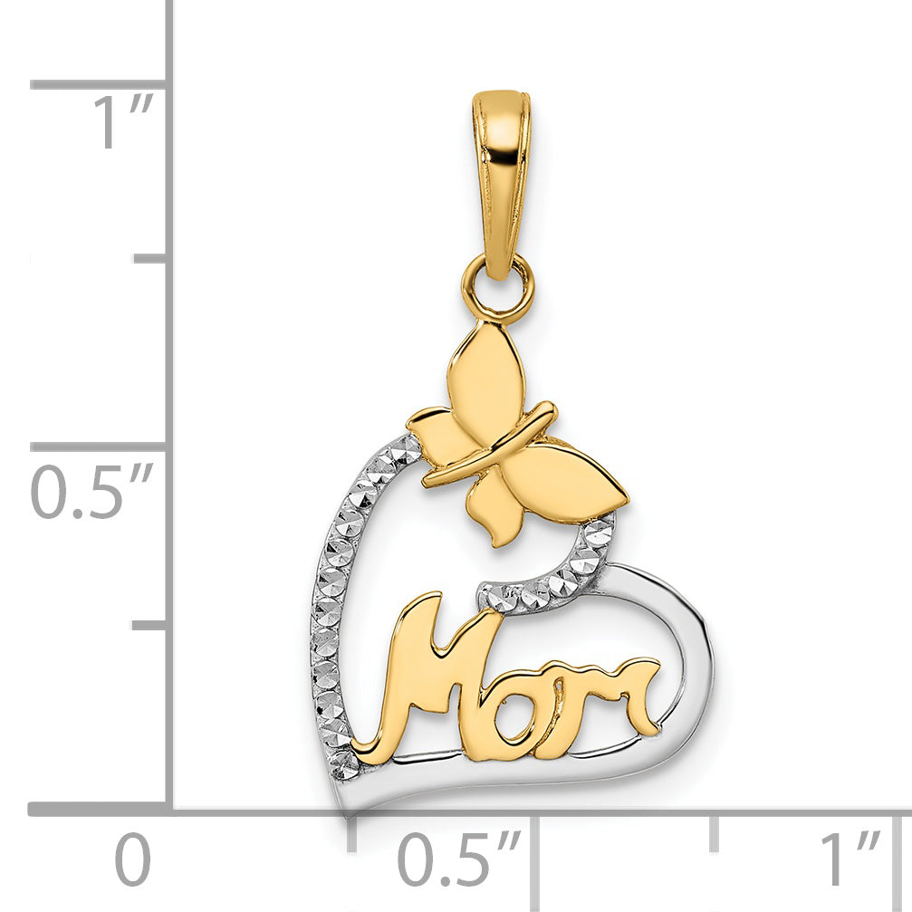 14K Yellow & Rhodium W/White Diamond-Cut Butterfly Mom In Heart Pendant
