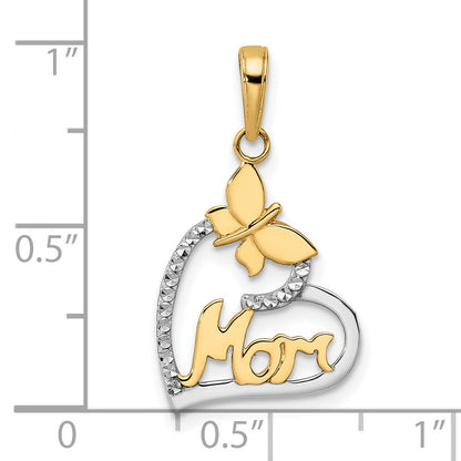 14K Yellow & Rhodium W/White Diamond-Cut Butterfly Mom In Heart Pendant