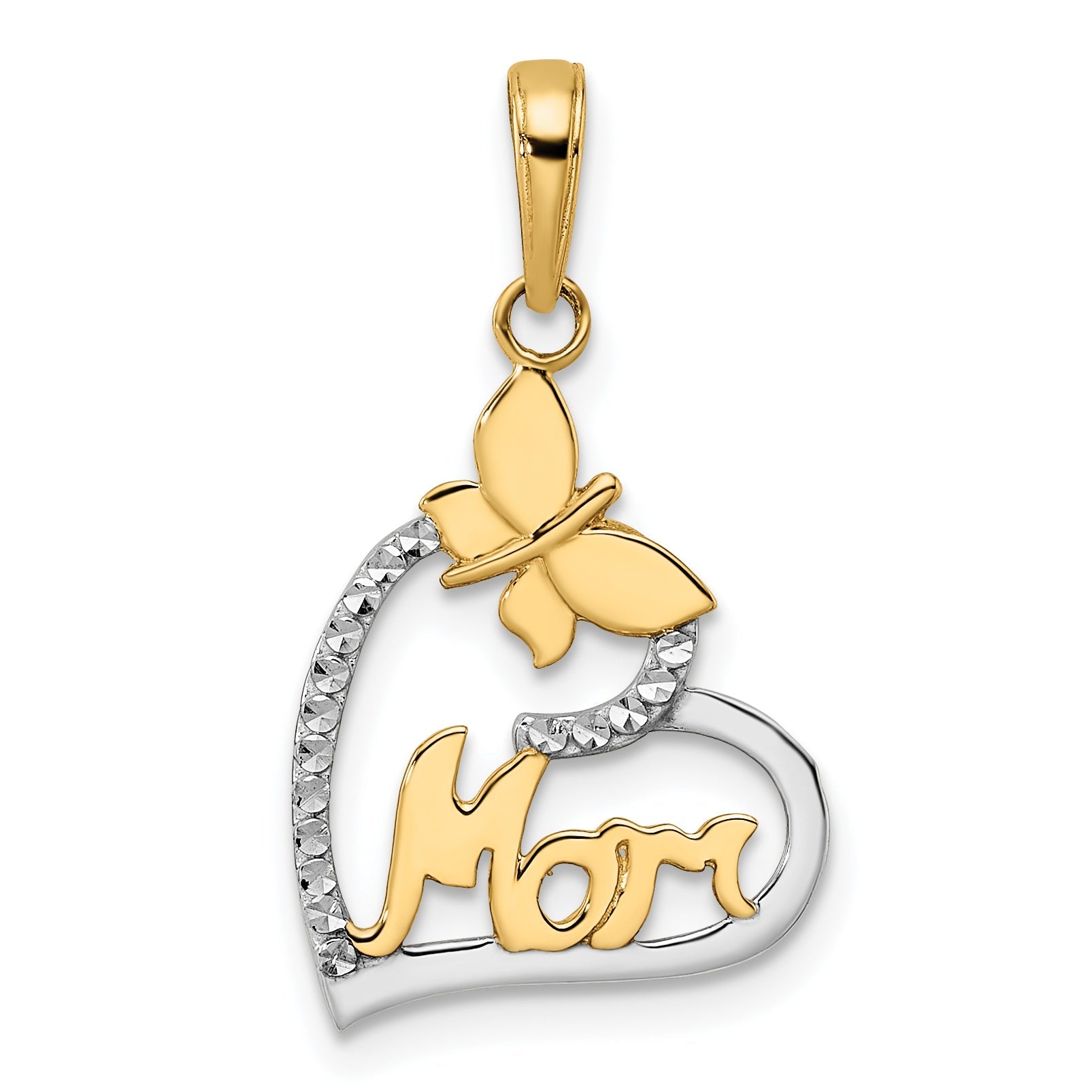 14K Yellow & Rhodium W/White Diamond-Cut Butterfly Mom In Heart Pendant