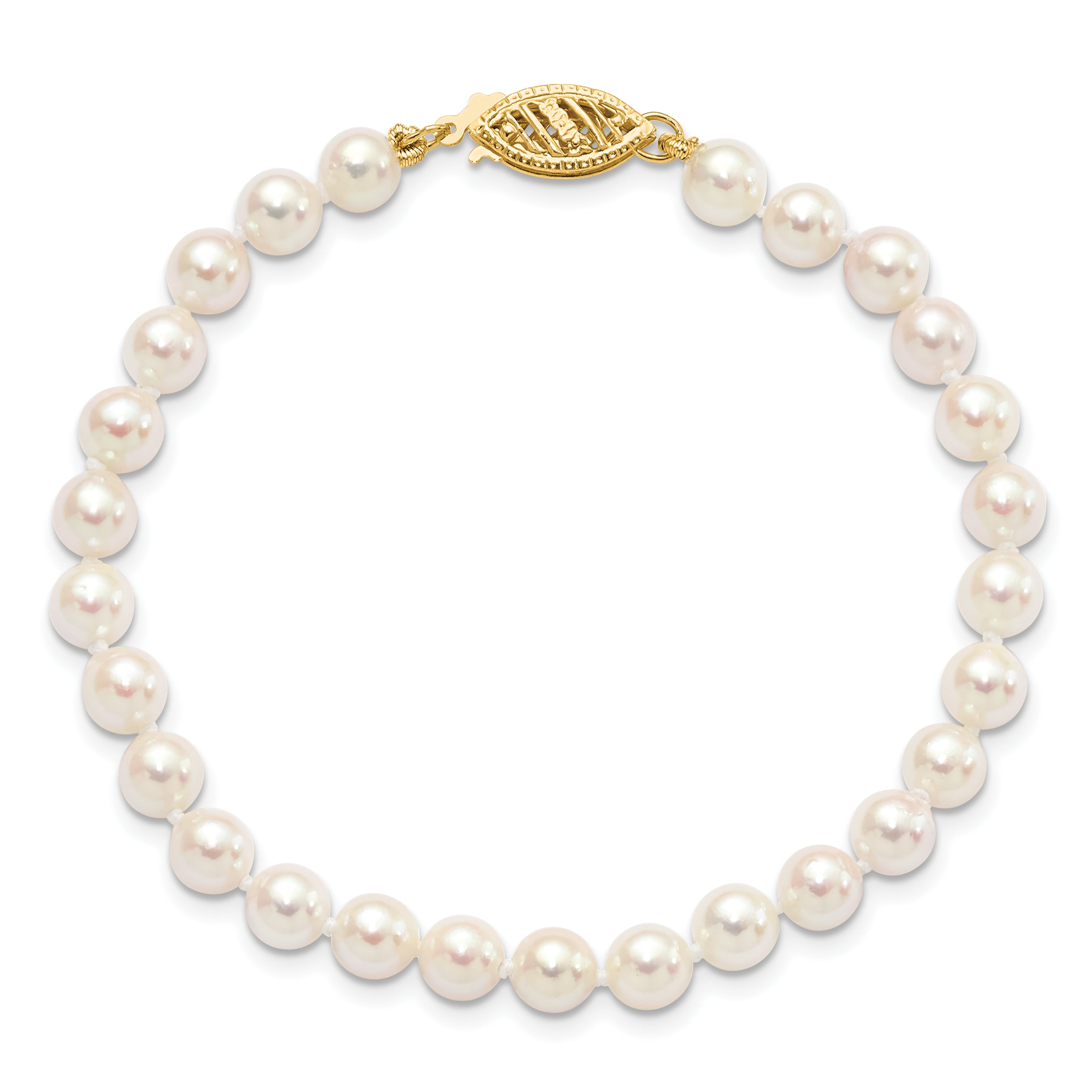 14K Yellow Gold 5 6mm White Round Akoya Saltwater Cultured Pearl 7 Inch Bracelet