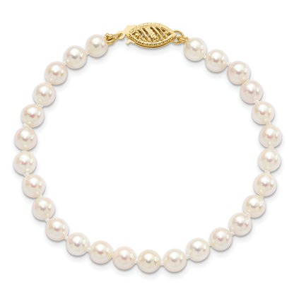 14K Yellow Gold 5 6mm White Round Akoya Saltwater Cultured Pearl 7 Inch Bracelet