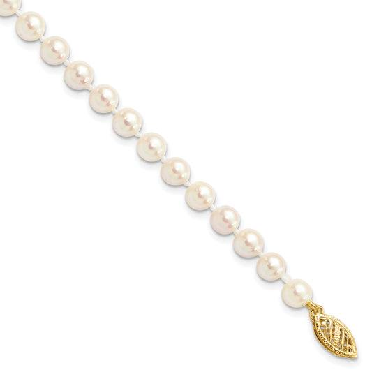 14K Yellow Gold 5 6mm White Round Akoya Saltwater Cultured Pearl 7 Inch Bracelet