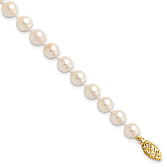 14K Yellow Gold 6 7mm White Round Akoya Saltwater Cultured Pearl 7 Inch Bracelet