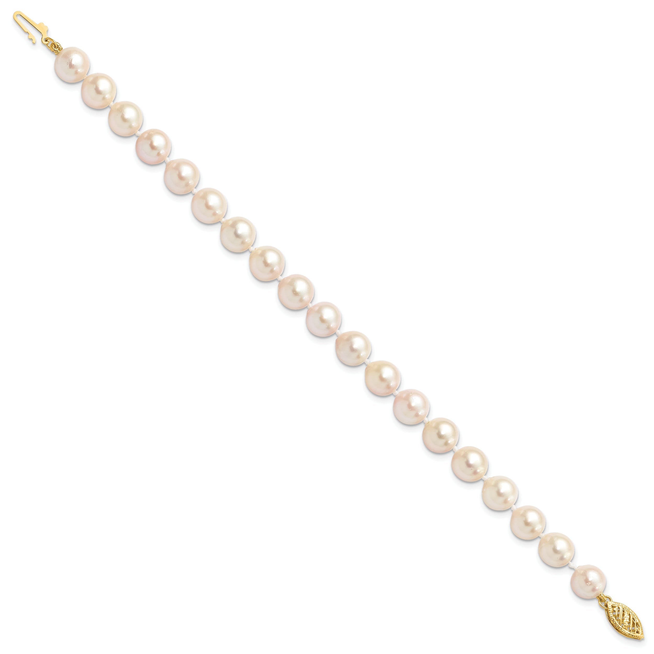 14K Yellow Gold 7 8mm White Round Akoya Saltwater Cultured Pearl Inch Bracelet