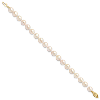 14K Yellow Gold 7 8mm White Round Akoya Saltwater Cultured Pearl Inch Bracelet