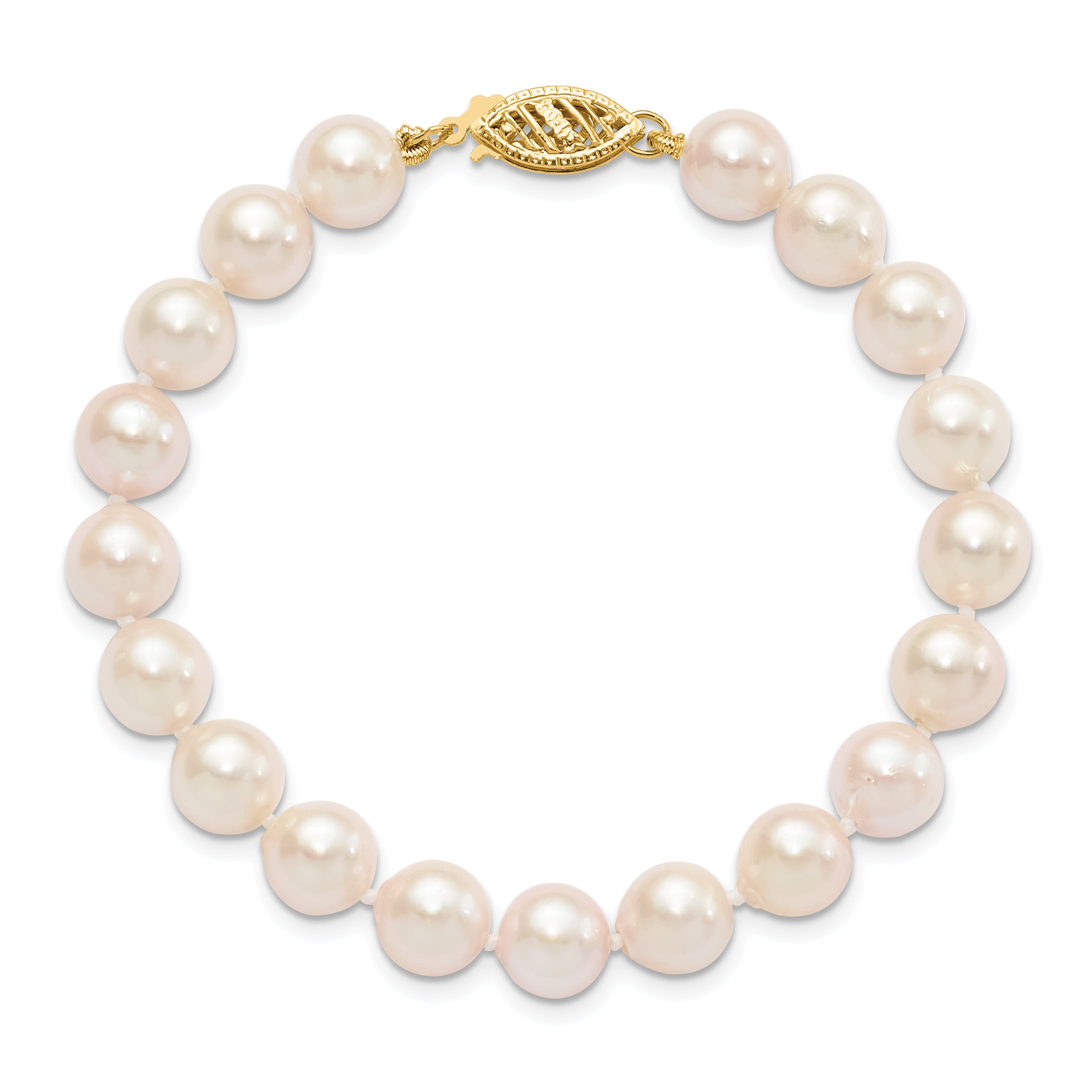 14K Yellow Gold 7 8mm White Round Akoya Saltwater Cultured Pearl Inch Bracelet