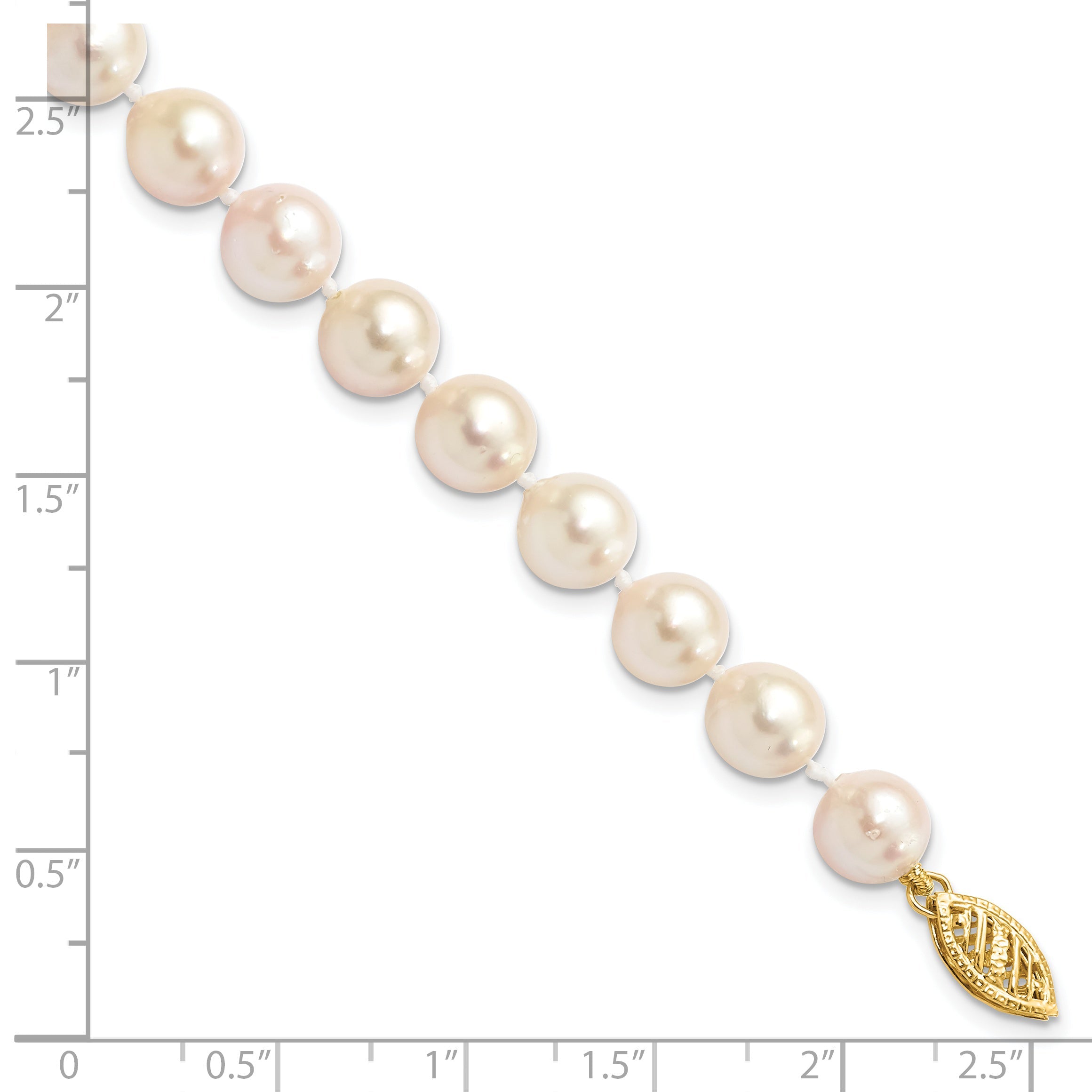 14K Yellow Gold 7 8mm White Round Akoya Saltwater Cultured Pearl Inch Bracelet