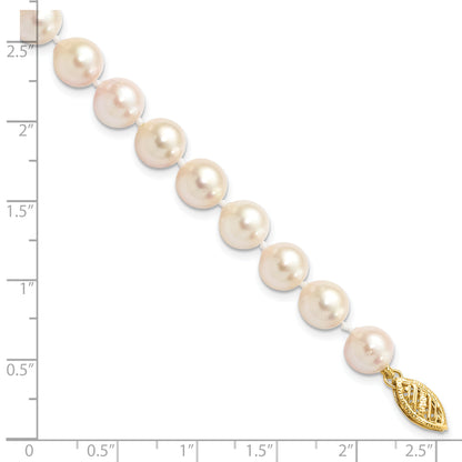 14K Yellow Gold 7 8mm White Round Akoya Saltwater Cultured Pearl Inch Bracelet