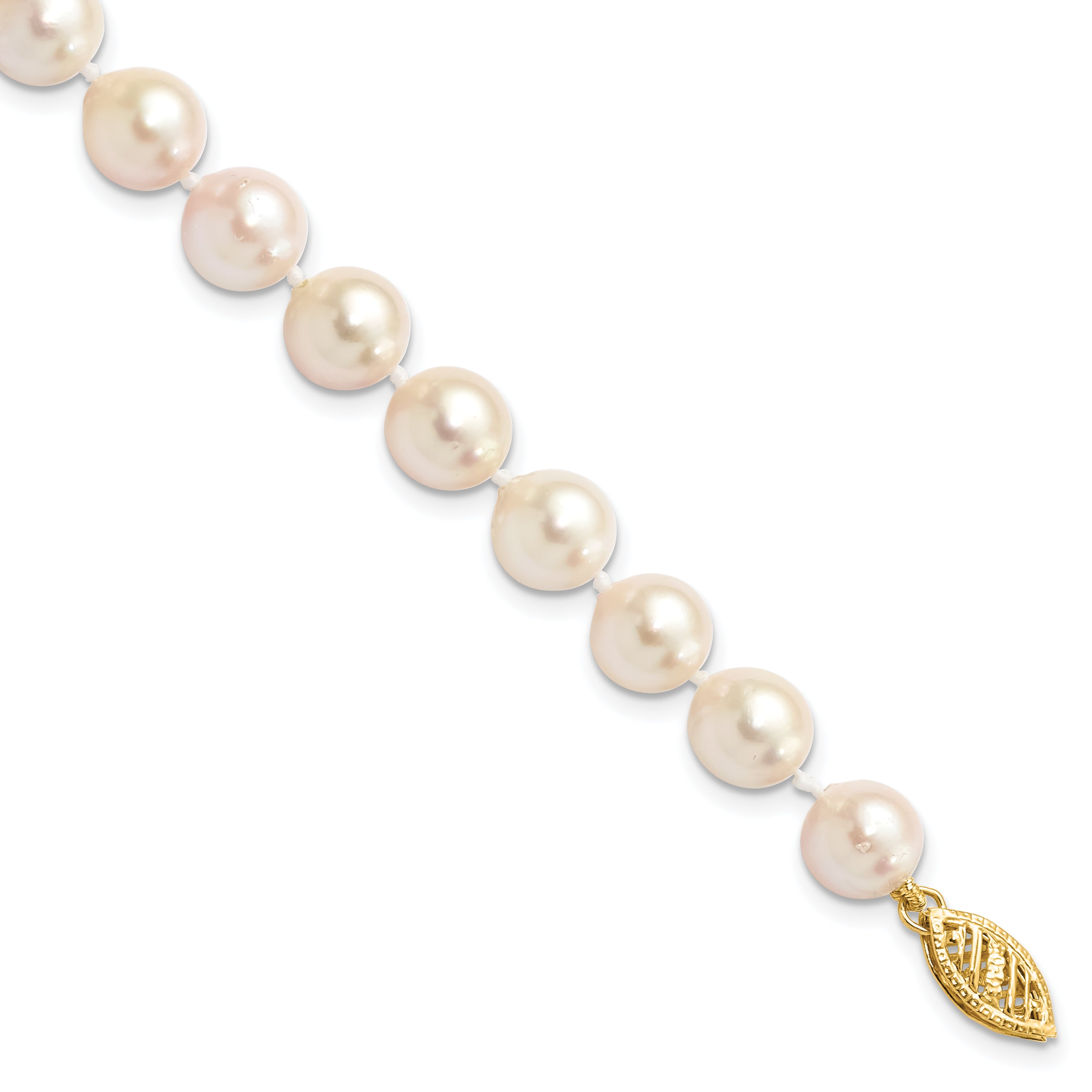 14K Yellow Gold 7 8mm White Round Akoya Saltwater Cultured Pearl Inch Bracelet