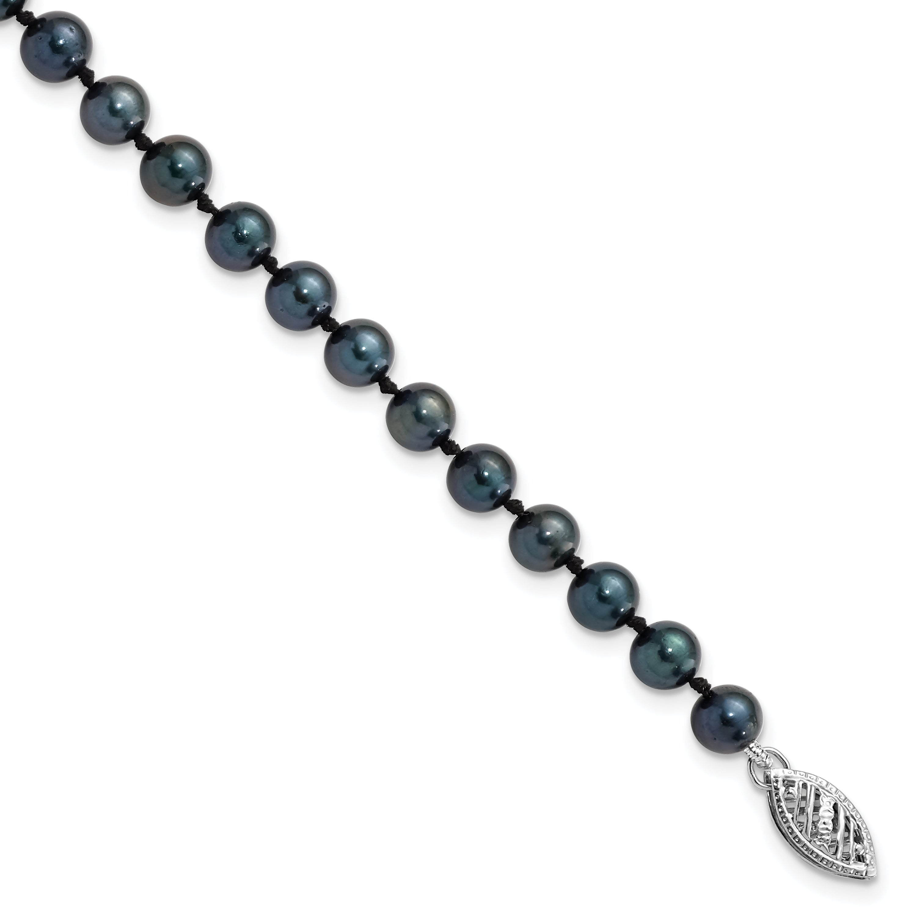 14K White Gold 5 6mm Black Round Akoya Saltwater Cultured Pearl 7 Inch Bracelet