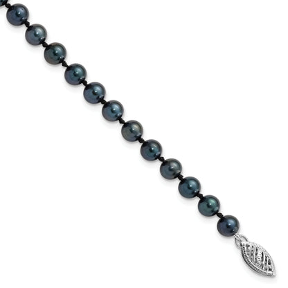 14K White Gold 5 6mm Black Round Akoya Saltwater Cultured Pearl 7 Inch Bracelet