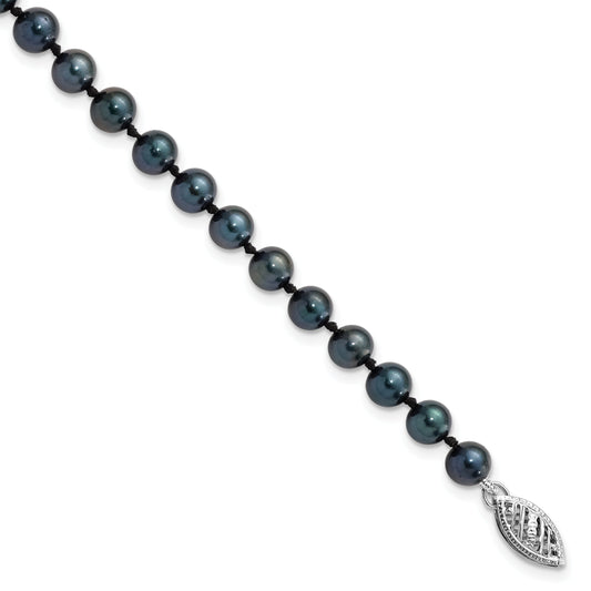 14K White Gold 5 6mm Black Round Akoya Saltwater Cultured Pearl 7 Inch Bracelet