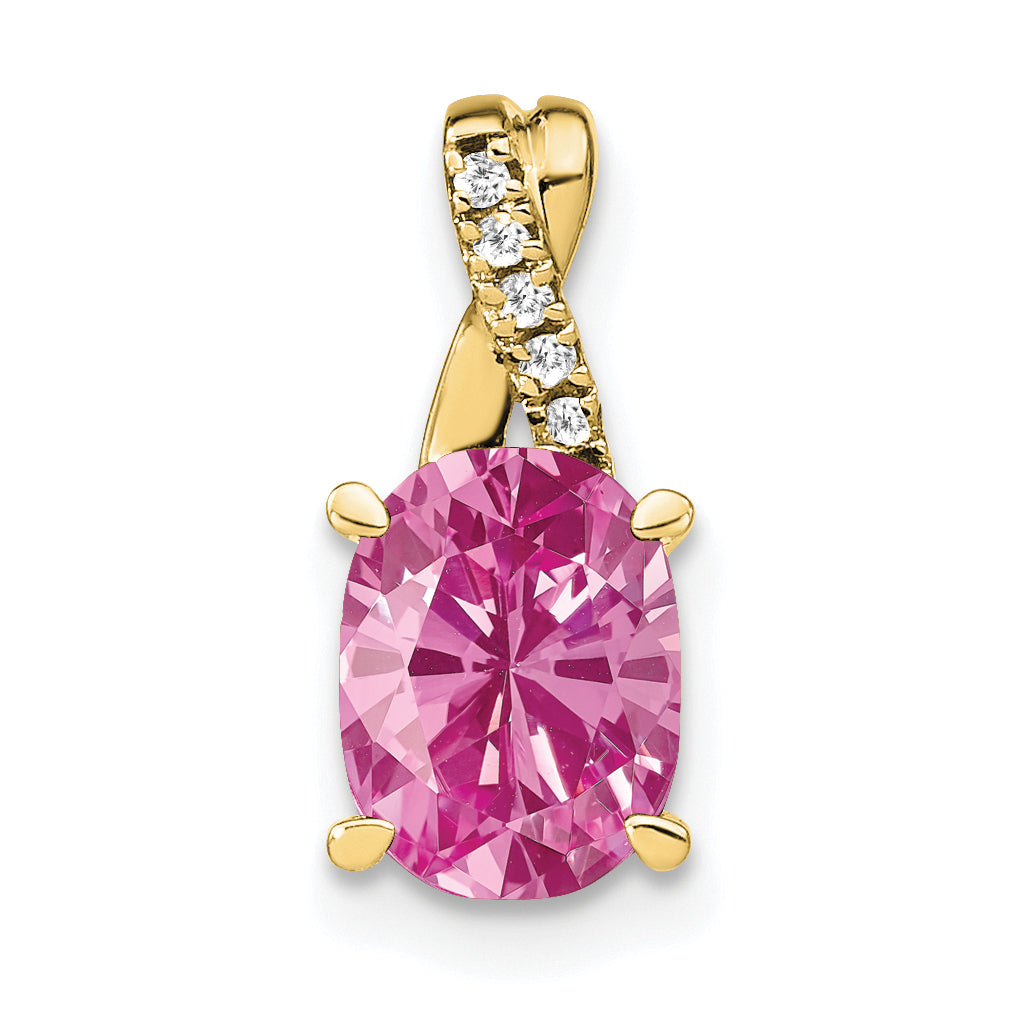 10K Yellow Gold Oval Created Pink Sapphire And Diamond Pendant