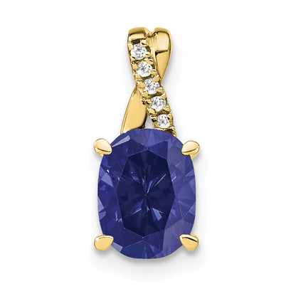 10K Yellow Gold Oval Created Sapphire And Diamond Pendant