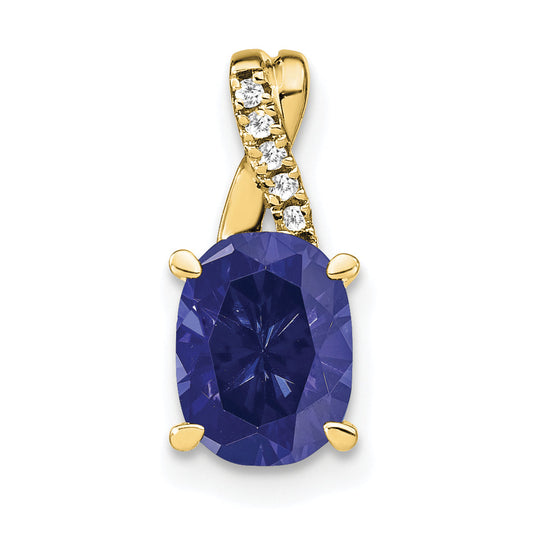 10K Yellow Gold Oval Created Sapphire And Diamond Pendant