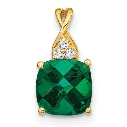 10K Yellow Gold Checkerboard Created Emerald And Diamond Pendant