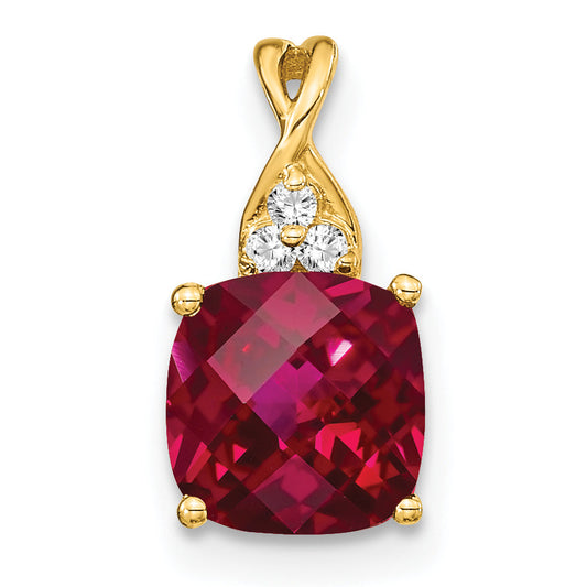 10K Yellow Gold Checkerboard Created Ruby And Diamond Pendant