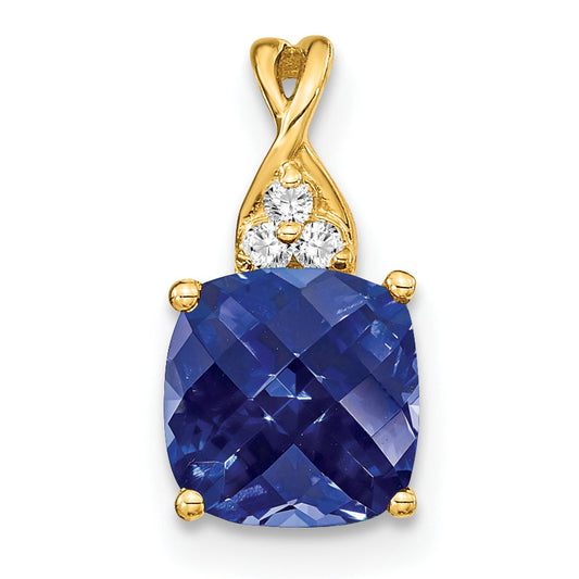 10K Yellow Gold Checkerboard Created Sapphire And Diamond Pendant