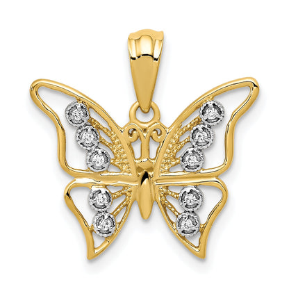 10K Yellow W/Rhodium And Rhodium Diamond Butterfly Pendant
