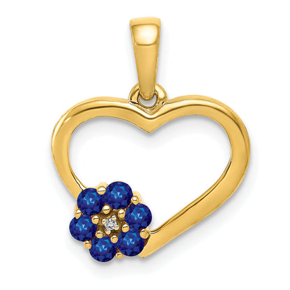 10K Yellow Gold Diamond And Sapphire Heart W/ Flower Pendant