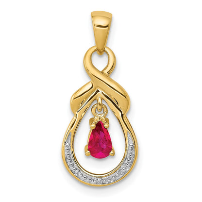 10K Yellow Gold Pear Ruby And Diamond Dangle Pendant