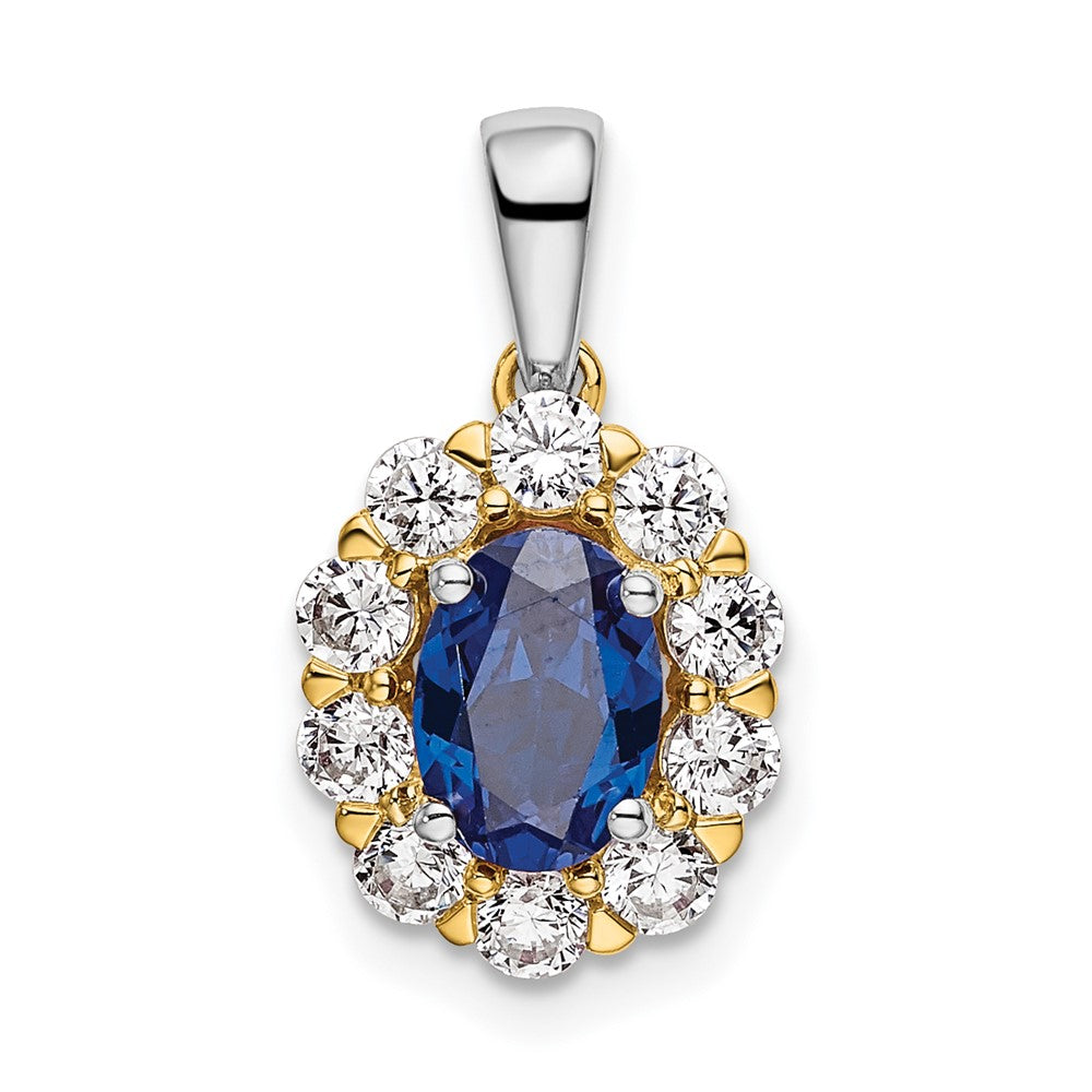 14k Two-Tone 1/2 Ct. Lab Grown Diamond VS/SI+ G+ and Lab Created Blue Sapphire Halo Pendant
