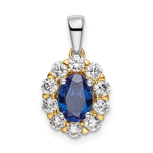 14k Two-Tone 1/2 Ct. Lab Grown Diamond VS/SI+ G+ and Lab Created Blue Sapphire Halo Pendant