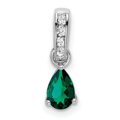 10K White Gold Pear Created Emerald And Diamond Pendant