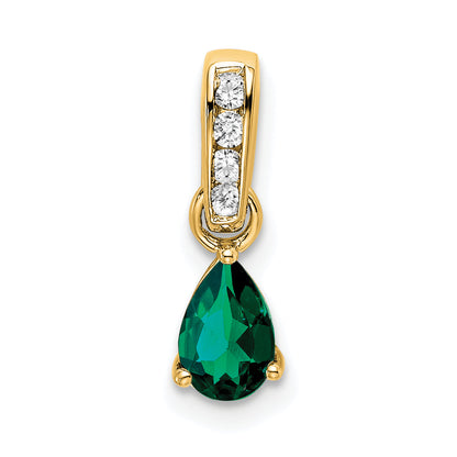 10K Yellow Gold Pear Created Emerald And Diamond Pendant