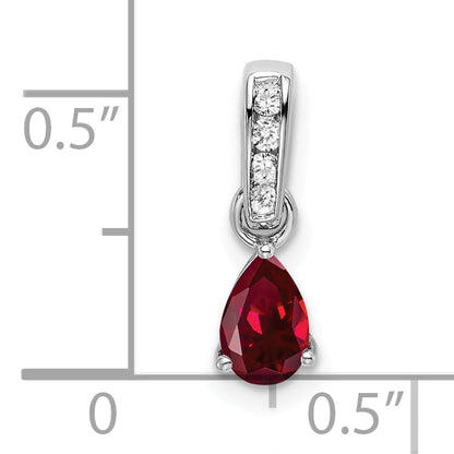 10K White Gold Pear Created Ruby And Diamond Pendant
