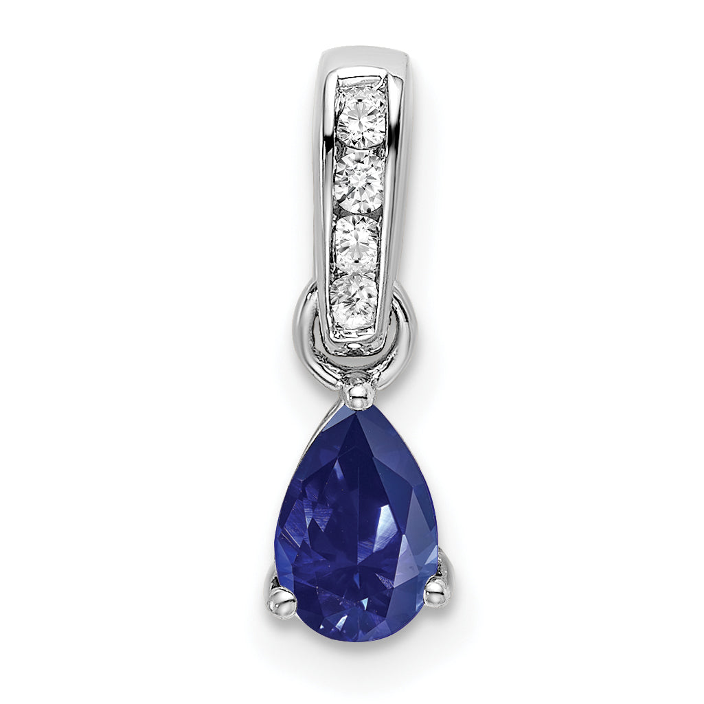 10K White Gold Pear Created Sapphire And Diamond Pendant