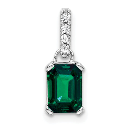 10K White Gold Created Emerald And Diamond Pendant